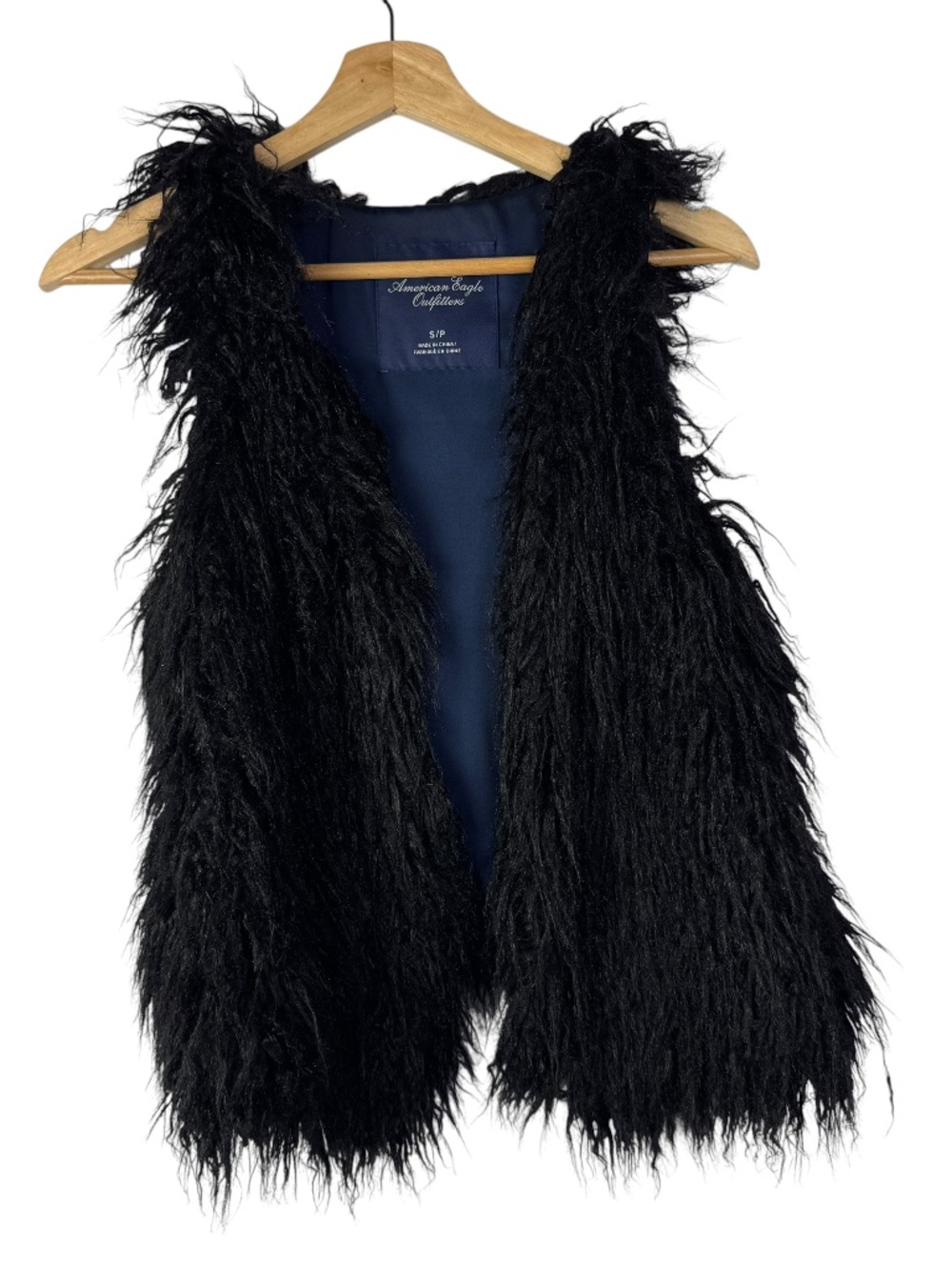 American Eagle AEO Black Faux Fur Open Front Vest S
